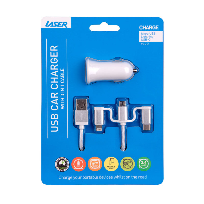 Printers & Accessories: Laser USB Car Charger with 3-in-1 Cable White