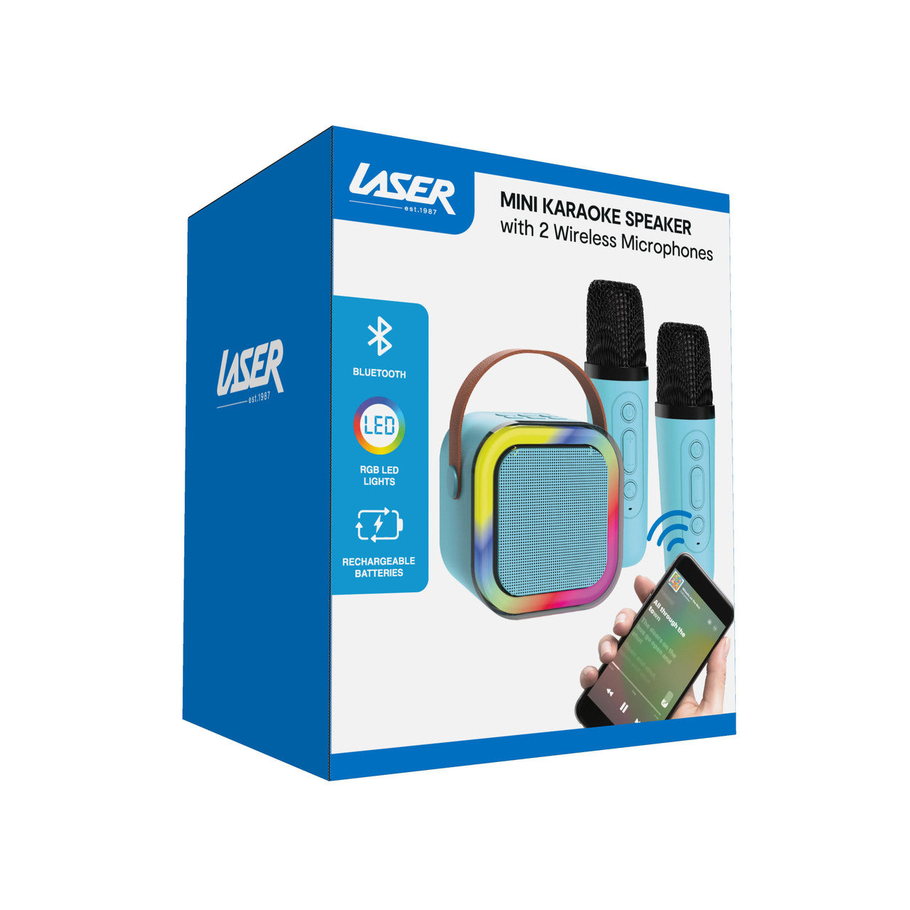 Audio Accessories: Laser Mini Karaoke Speaker with 2 Wireless Mics - Blue