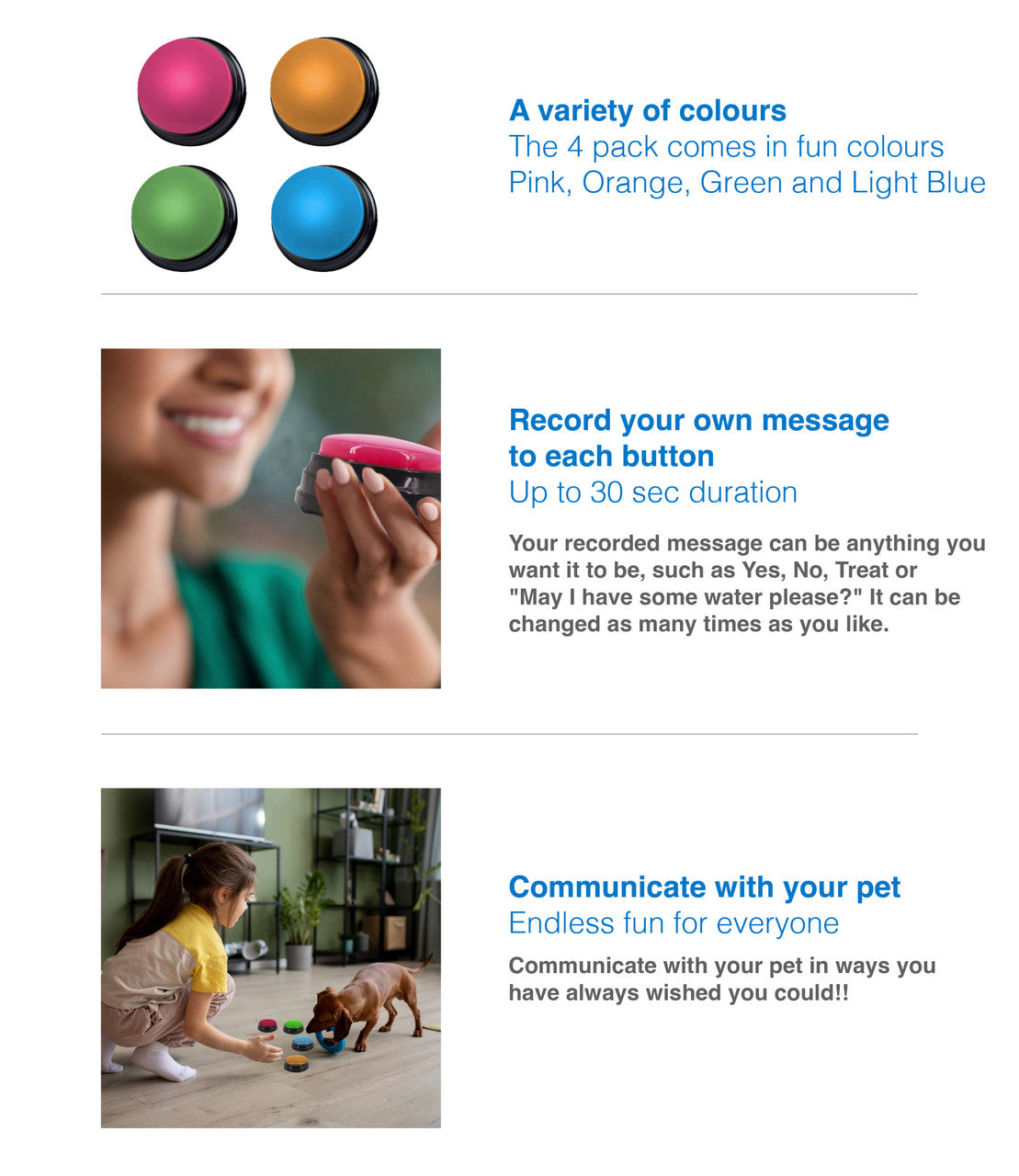 Dog Bowls, Feeders & Waterers: Tech4Pets 4-Pack Talking Buttons for Interactive Pet Communication