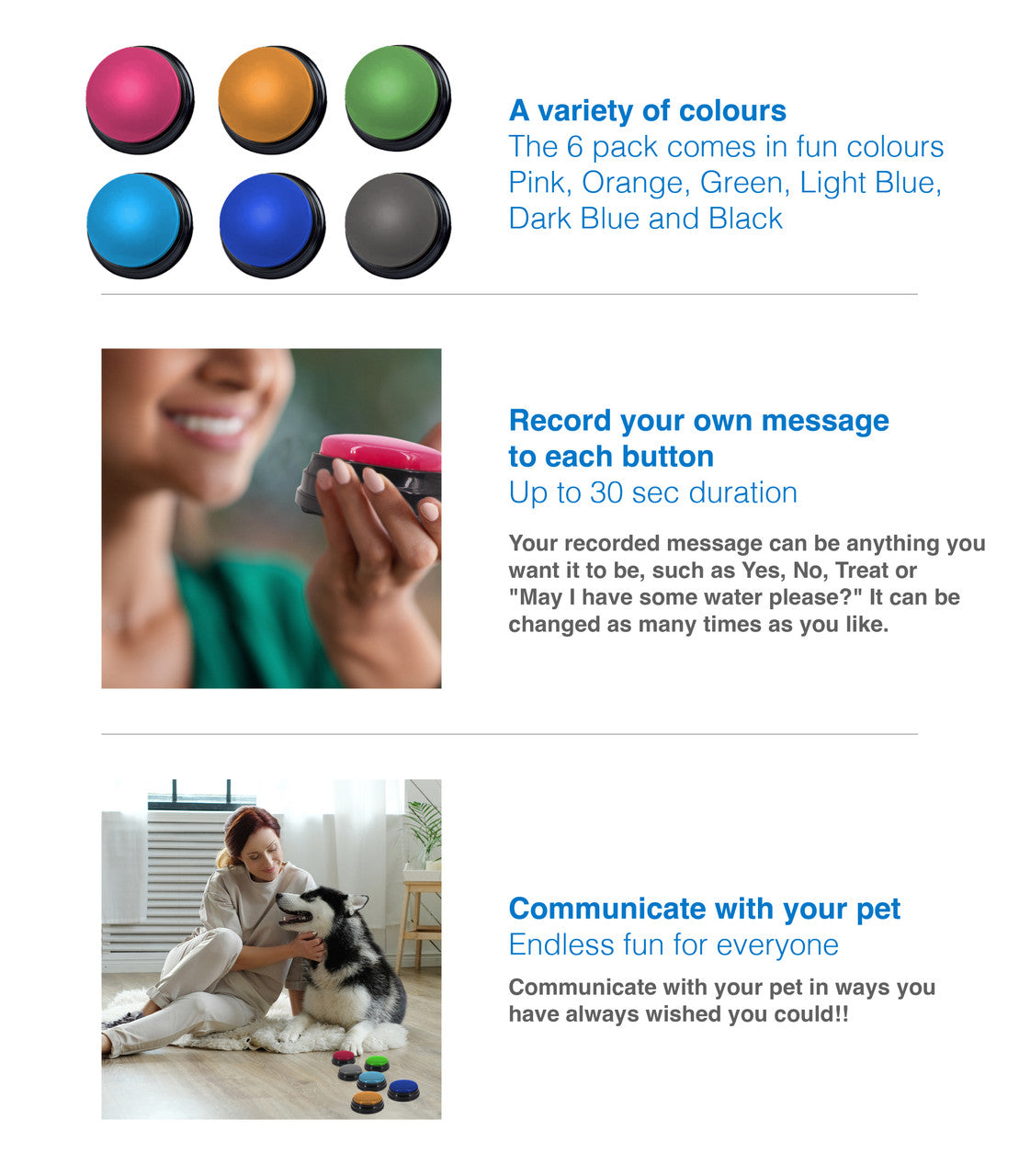 Dog Bowls, Feeders & Waterers: Tech4Pets 6-Pack Talking Buttons for Interactive Pet Communication