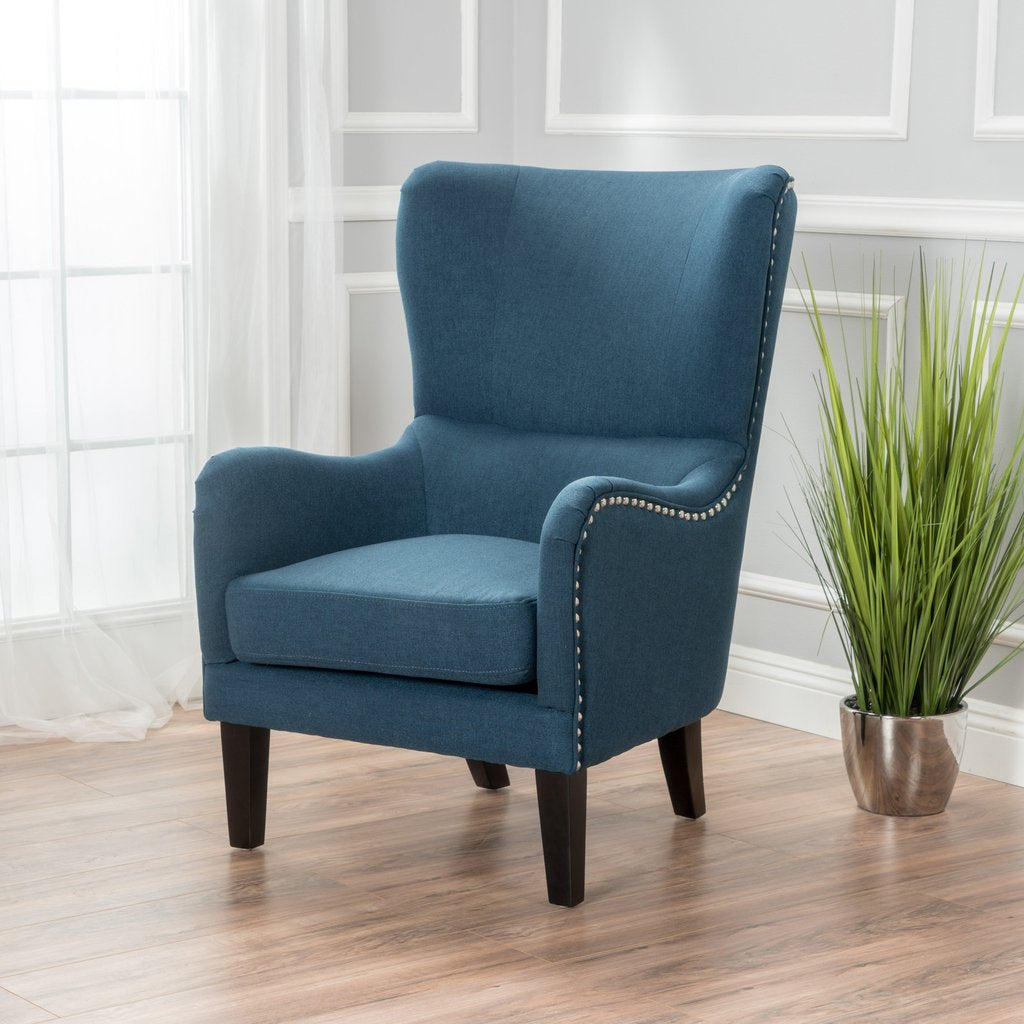 Arm Chairs & Recliners: Vintage Dark Blue Fabric High Back Padded Armchair
