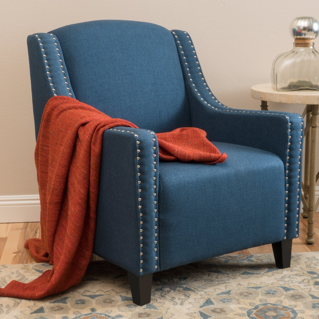 Arm Chairs & Recliners: Camden Linen Fabric Studded Armchair in Dark Blue