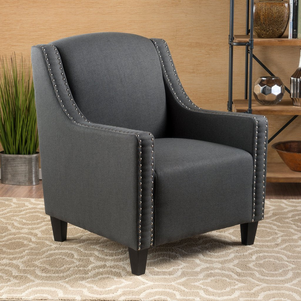Arm Chairs & Recliners: Camden Linen Fabric Studded Armchair in Dark Grey