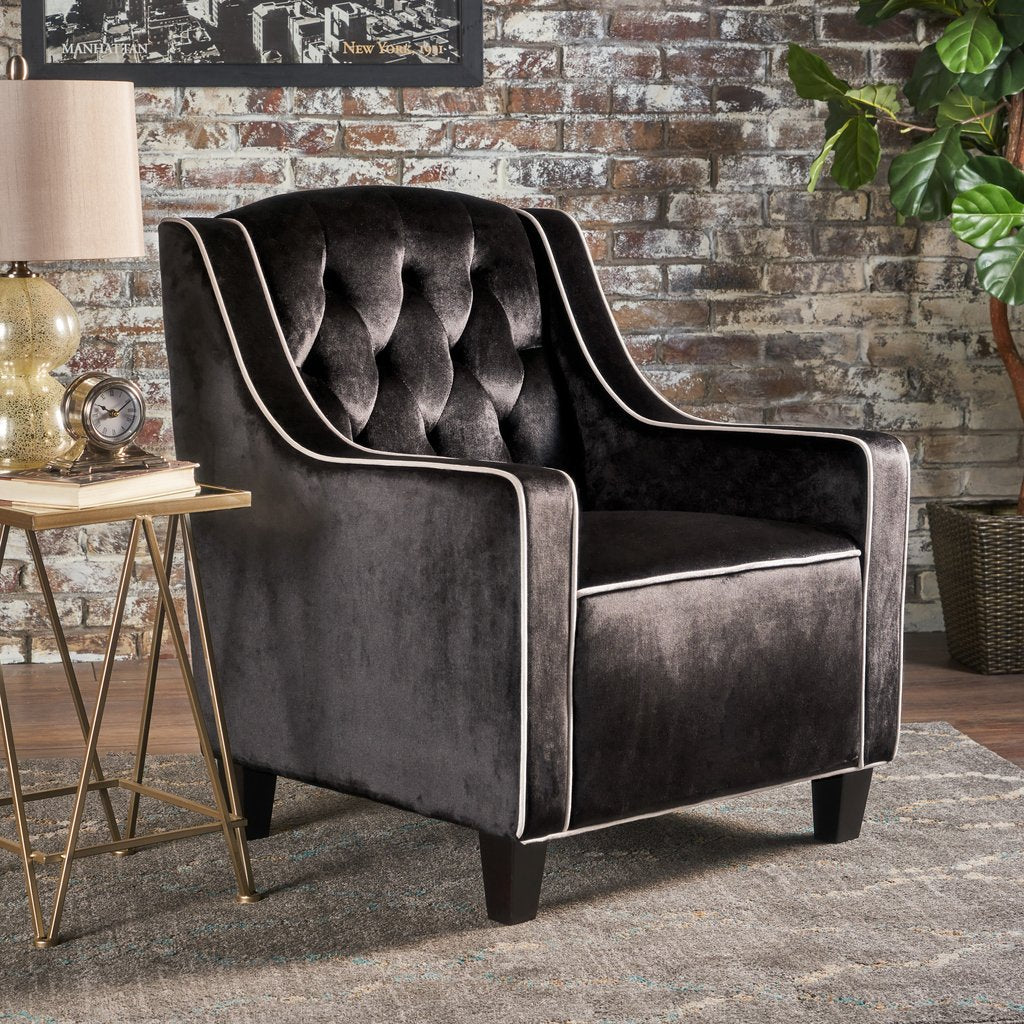 Arm Chairs & Recliners: Lara Two Tone Tufted Black New Velvet Club Armchair