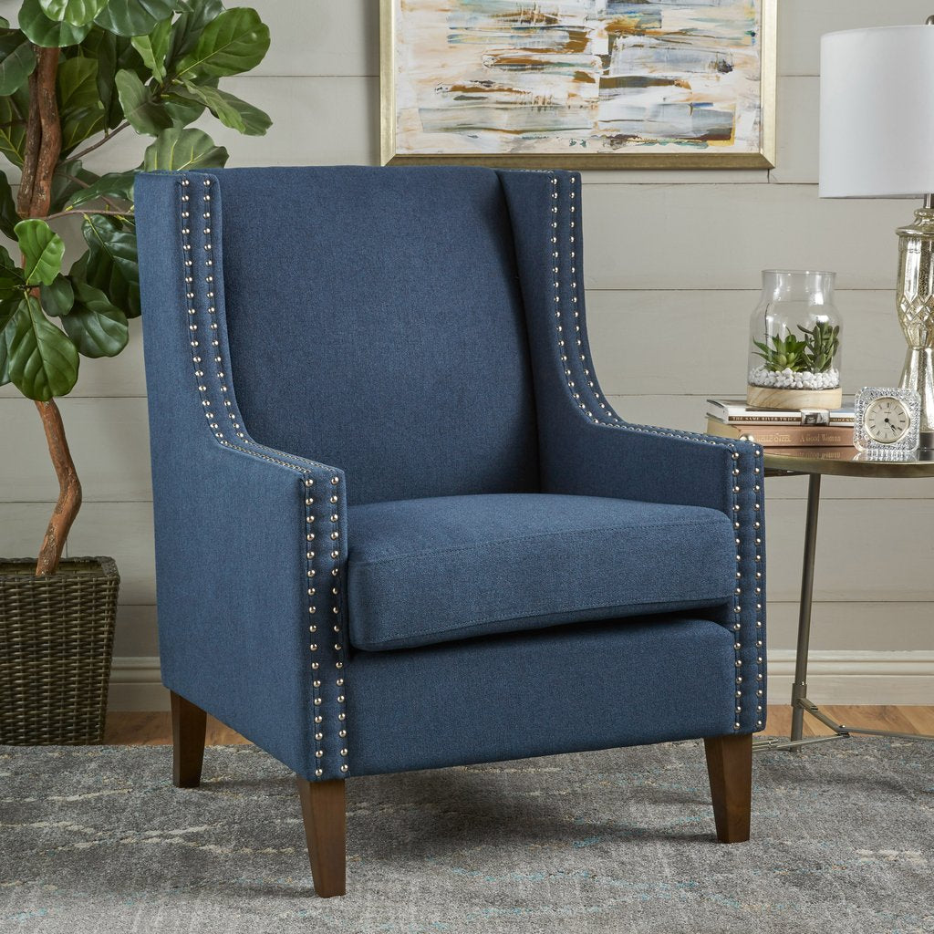 Arm Chairs & Recliners: Cecilia Classic Studded Dark Blue Wingback Club Armchair