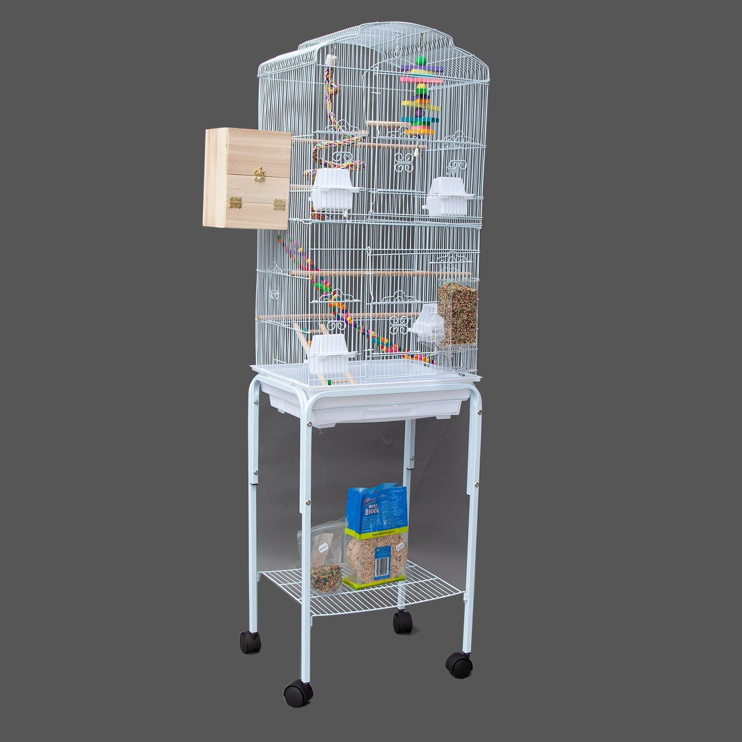 Pretend Play: Samland DOME TOP HIGH BIRD CAGE ON STAND WITH PLAY TOYS WHITE
