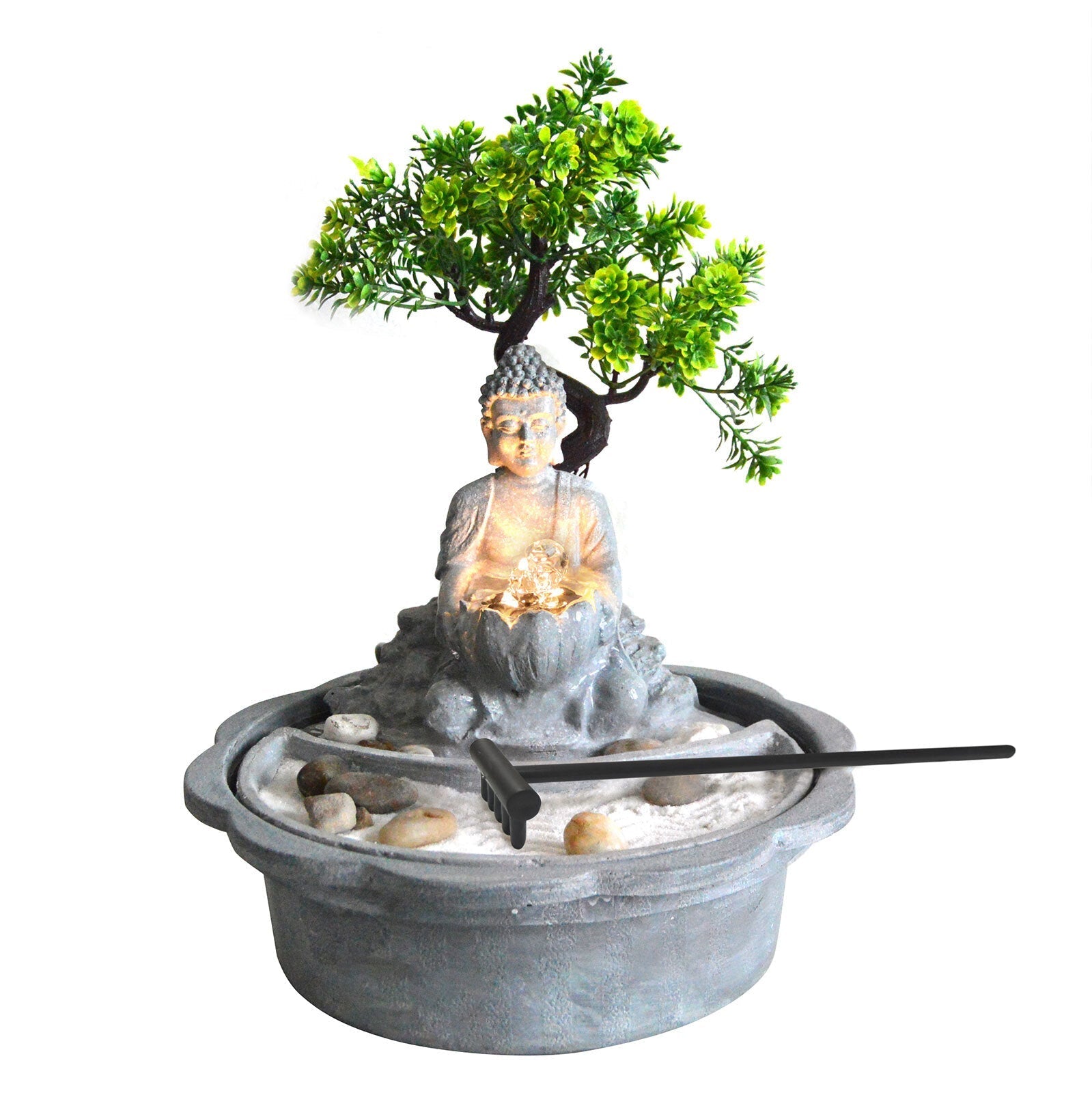 Wellness Accessories: Samland JAPANESE MINIATURE ZEN BONSAI GARDEN WITH BUDDHA WATER FOUNTAIN