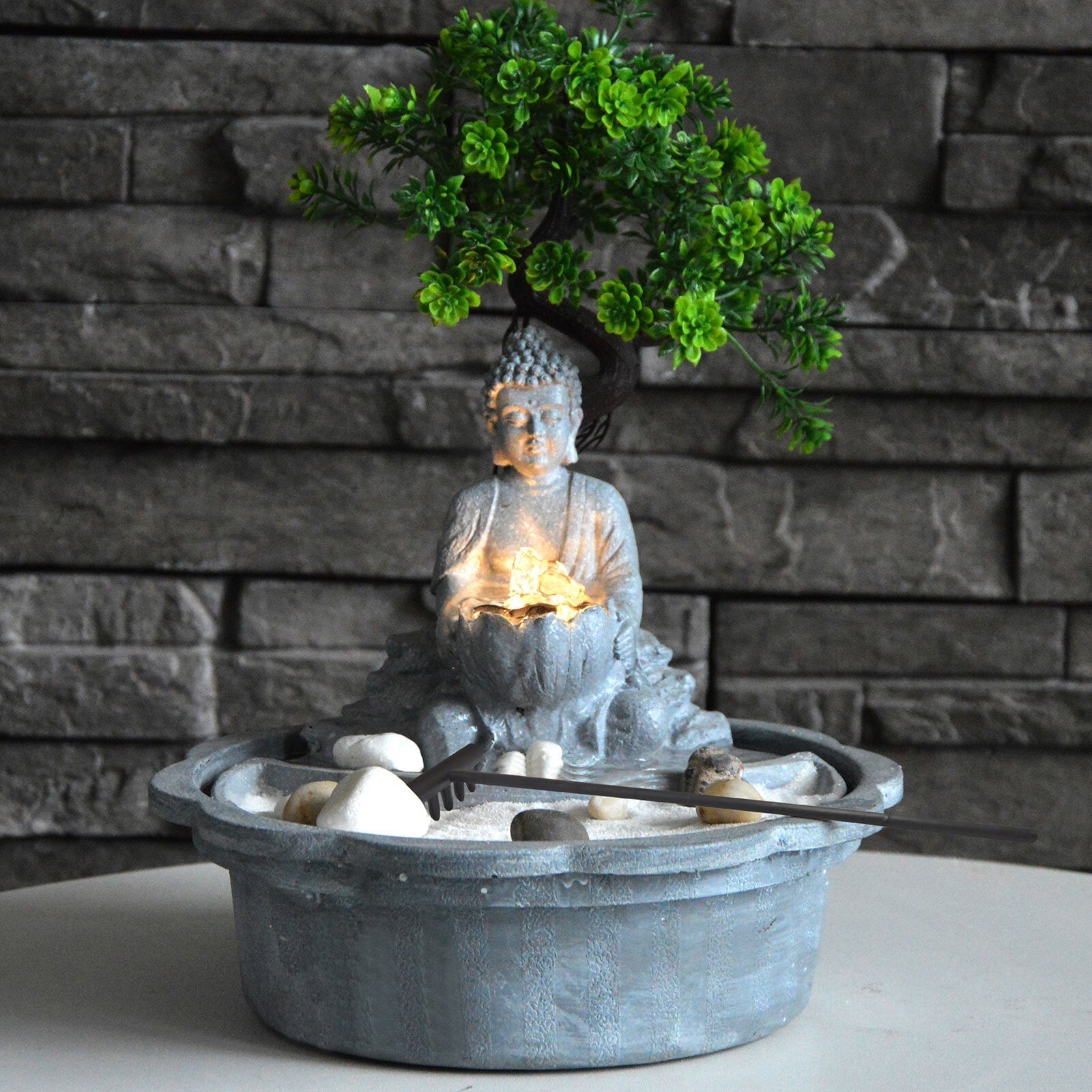 Wellness Accessories: Samland JAPANESE MINIATURE ZEN BONSAI GARDEN WITH BUDDHA WATER FOUNTAIN