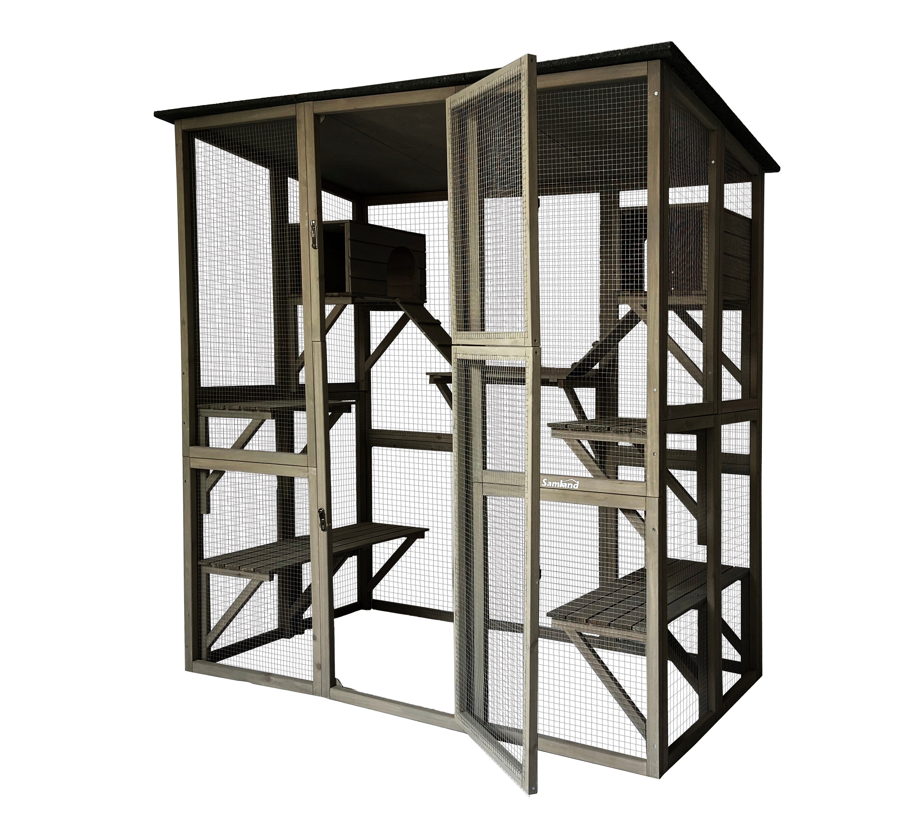 Small Animal Habitats & Cages: Samland Wooden Cat Cage Walk in Cat Condo House Kitten Ferret Enclosure Cage