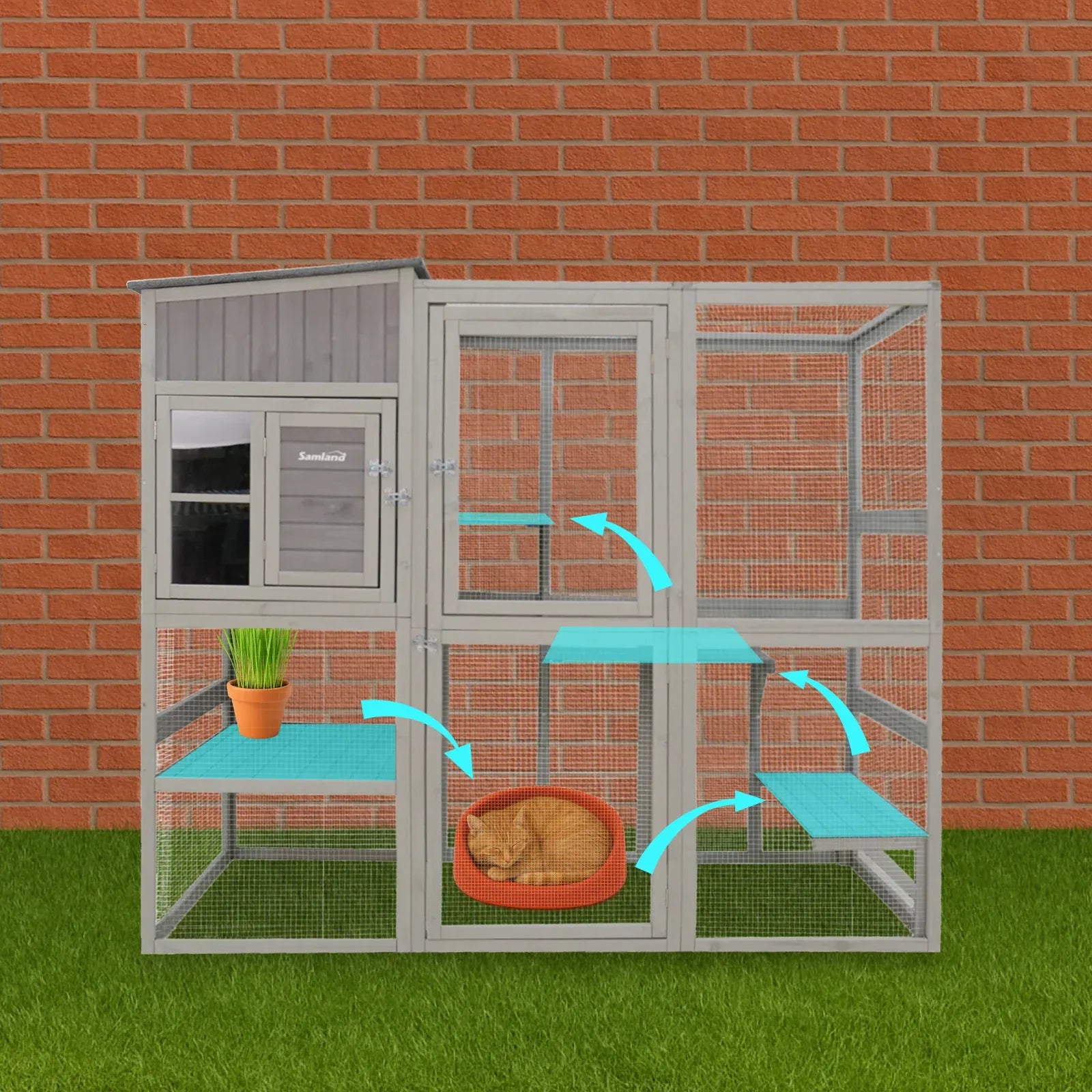 Samland Large Indoor & Outdoor Wooden Cat Enclosure with Sleeping House & Climbing Platforms