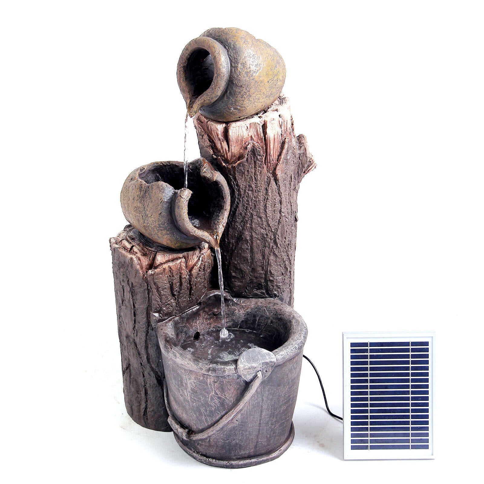 Artificial Flowers & Plants: Samland RUSTIC POURING BROKEN POTS ON TREE TRUNK SOLAR WATER FOUNTAIN FEATURE