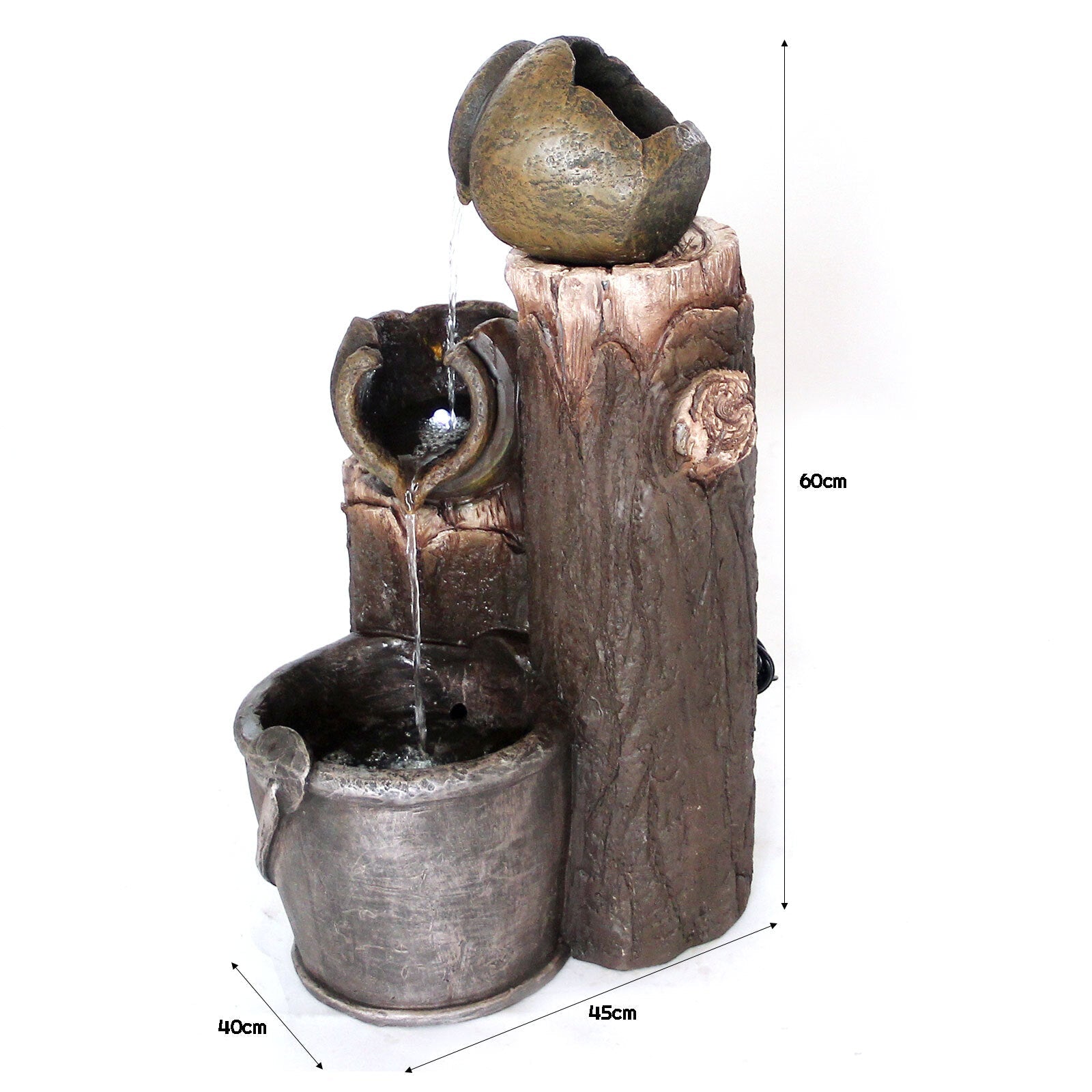 Artificial Flowers & Plants: Samland RUSTIC POURING BROKEN POTS ON TREE TRUNK SOLAR WATER FOUNTAIN FEATURE
