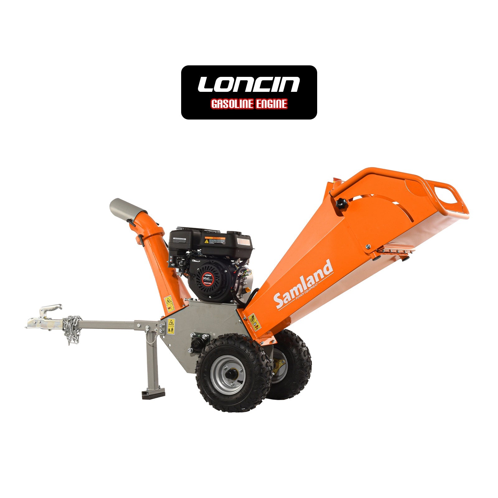 Side Tables: Samland WC65 Professional Wood Chipper, Loncin 6.5 HP Engine with Towing Bar