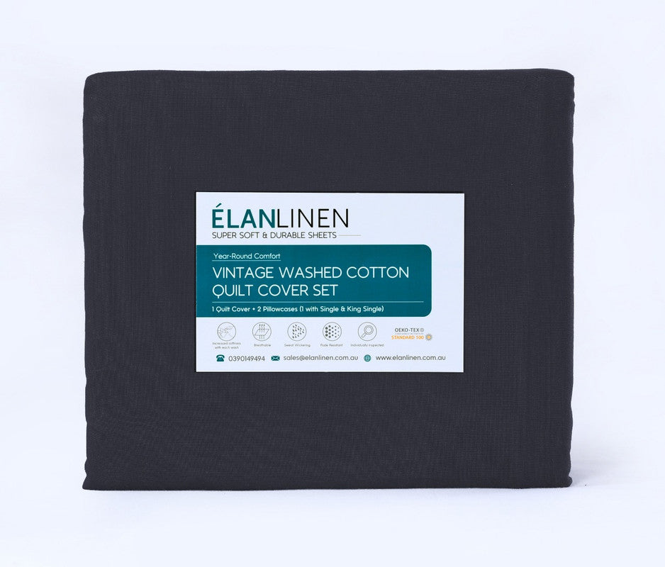 Bed Sheets: Elan Linen 100% Egyptian Cotton Vintage Washed 500TC Charcoal Single Bed Sheets Set