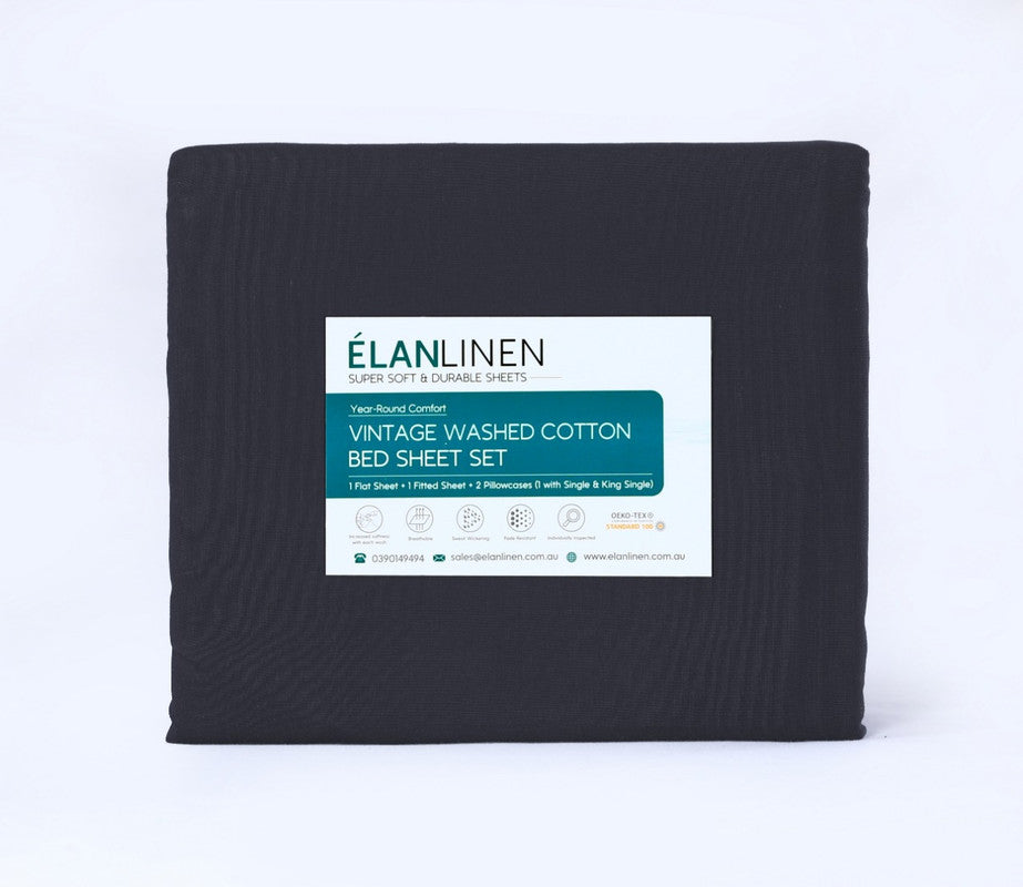 Bed Sheets: Elan Linen 100% Egyptian Cotton Vintage Washed 500TC Charcoal Single Bed Sheets Set