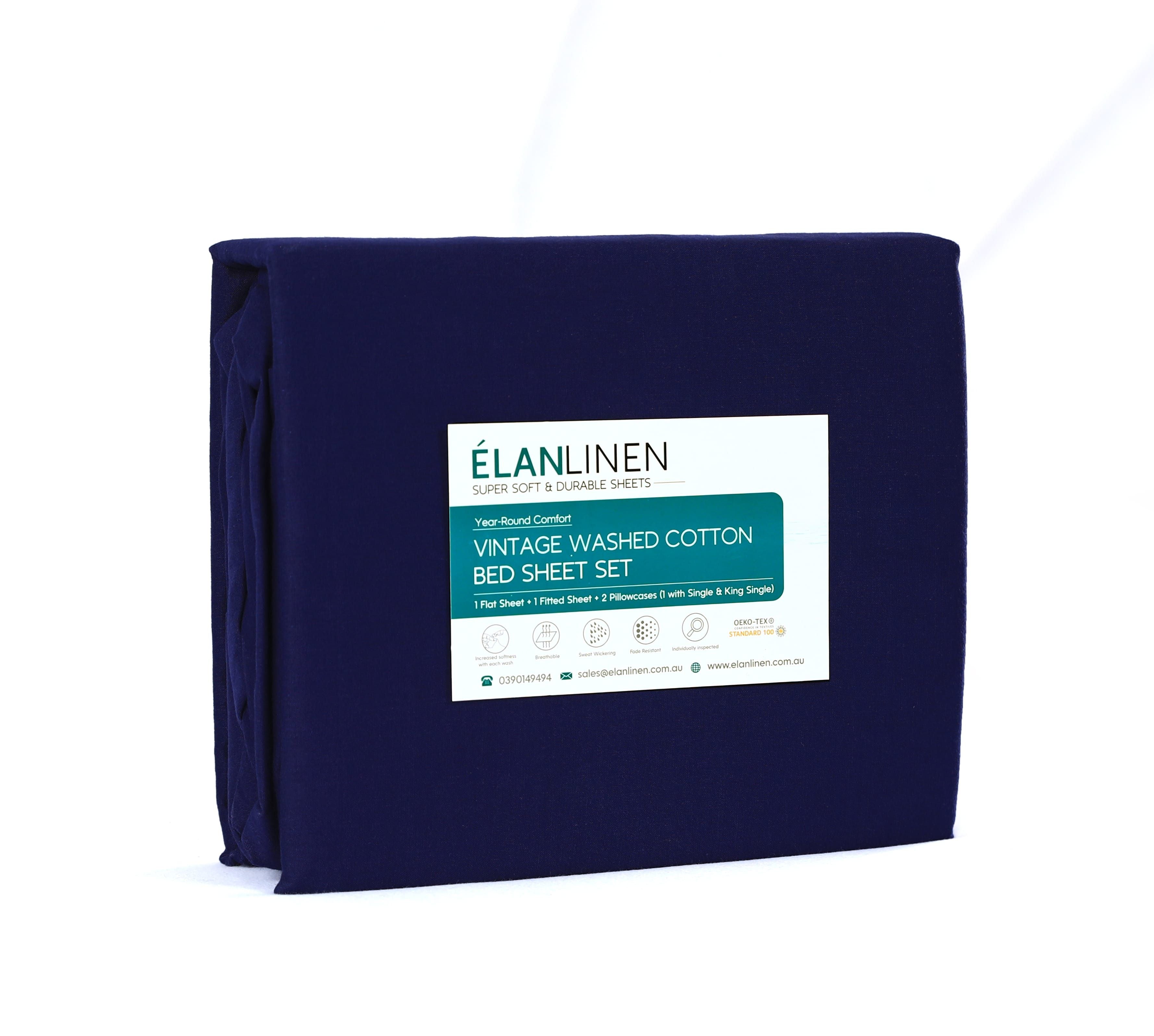 Bed Sheets: Elan Linen 100% Egyptian Cotton Vintage Washed 500TC Navy Blue Single Bed Sheets Set