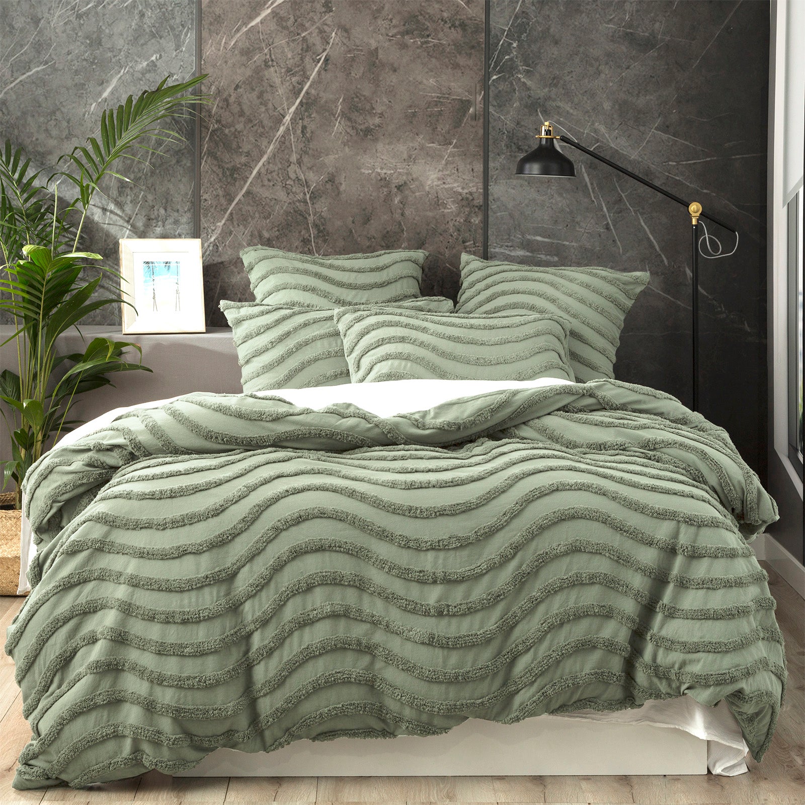 Quilts & Duvets: Chenille Wave 100% Cotton Vintage Washed Sage Tufted Quilt Cover Set by Cloud Linen King