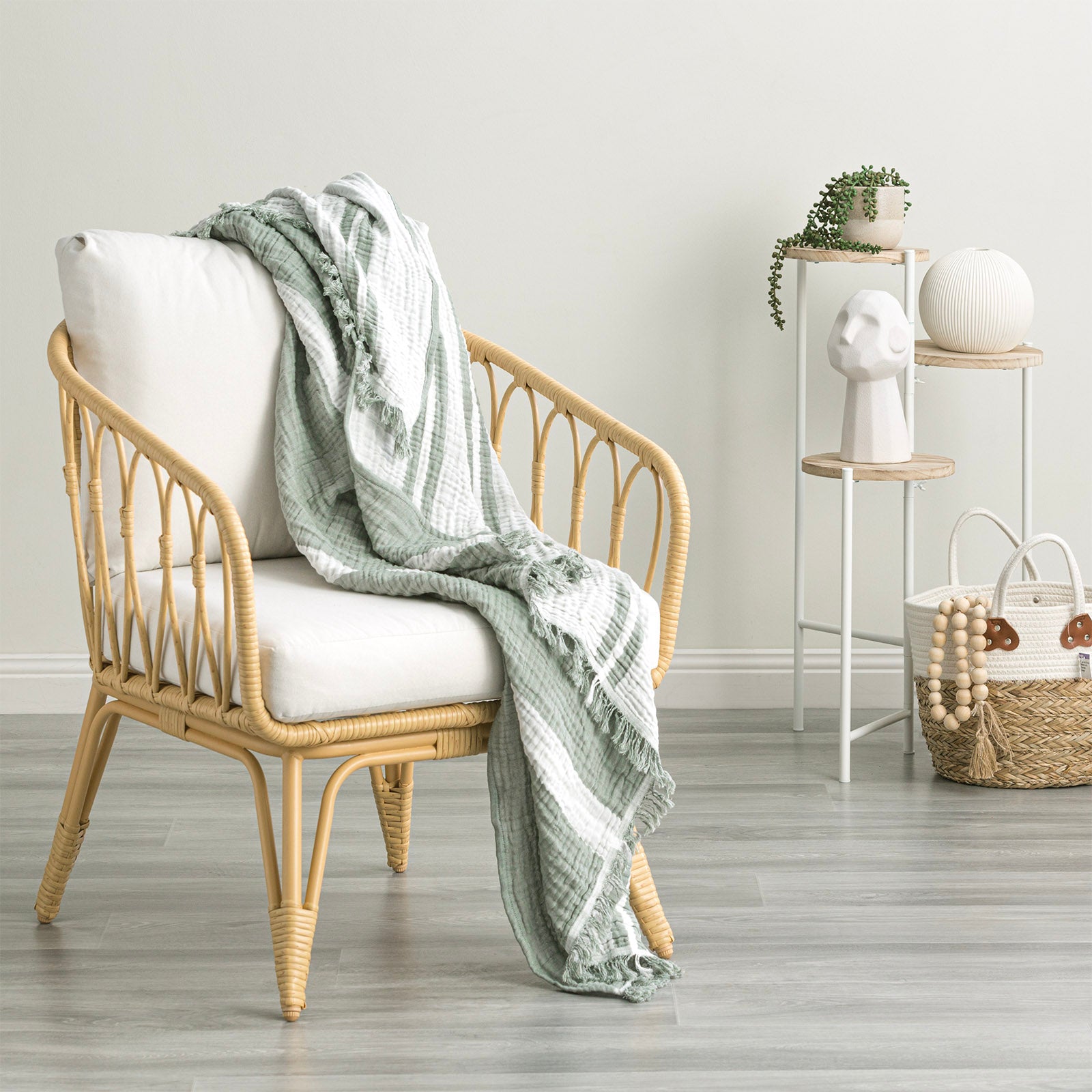 Cushions & Throws: Ray Striped Vintage Washed Yarn Dyed Textured Cotton Pistachio Throw by Renee Taylor