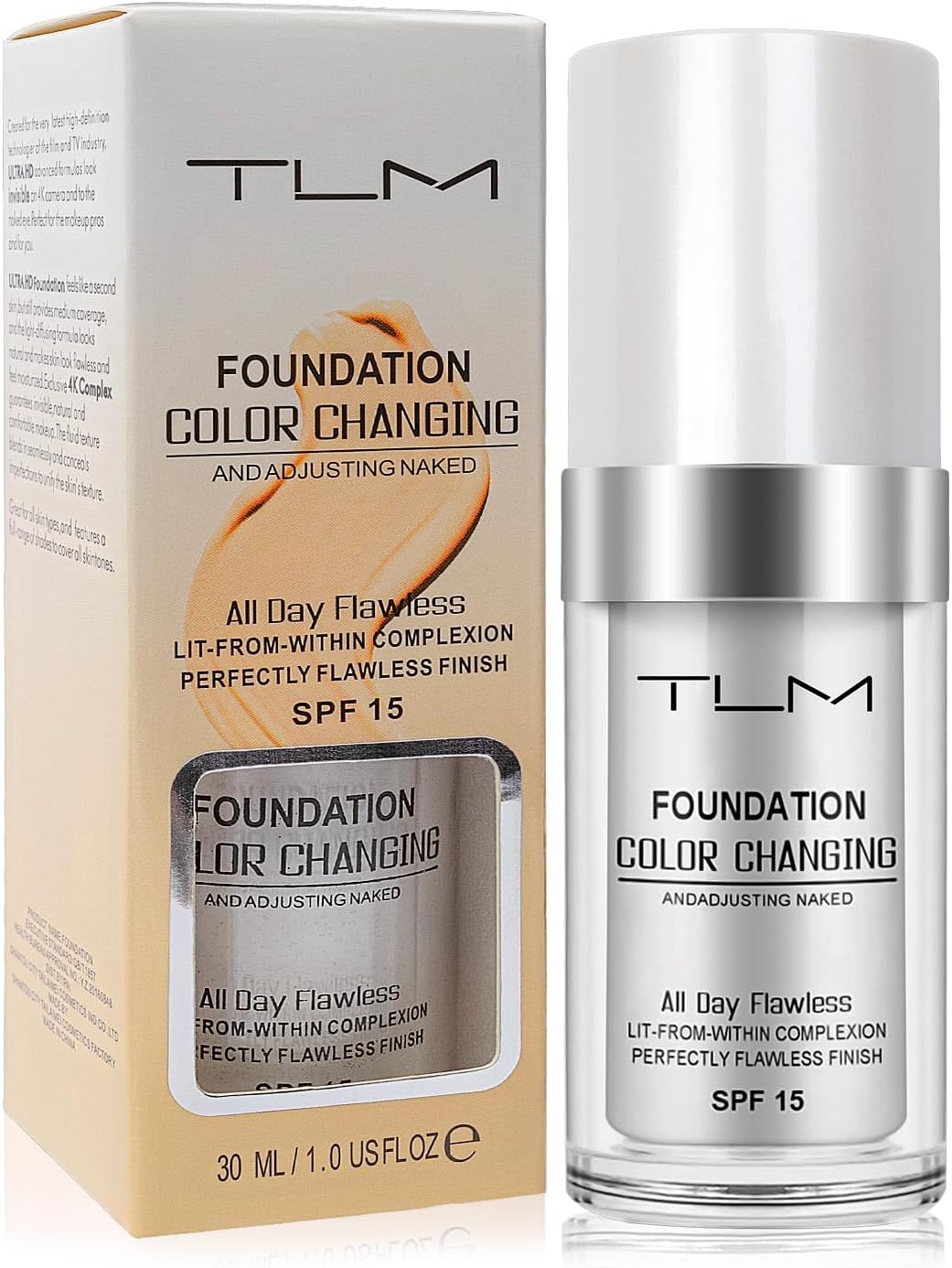 Cosmetics: ReviGLam TLM Colour Changing Liquid Foundation Hides Wrinkles & Lines, BB Cream Makeup Base Concealer Cover Moisturizing Fluid for all Skin Tone SPF15, Pack of 1