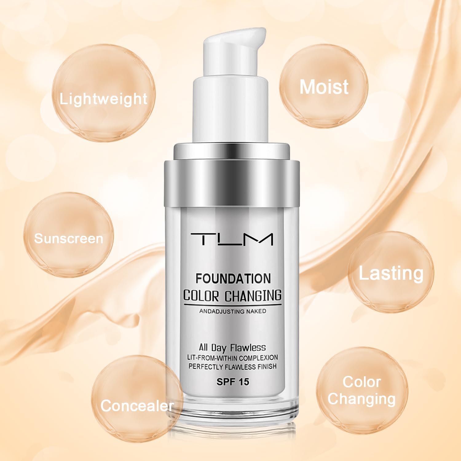 Cosmetics: ReviGLam TLM Colour Changing Liquid Foundation Hides Wrinkles & Lines, BB Cream Makeup Base Concealer Cover Moisturizing Fluid for all Skin Tone SPF15, Pack of 1