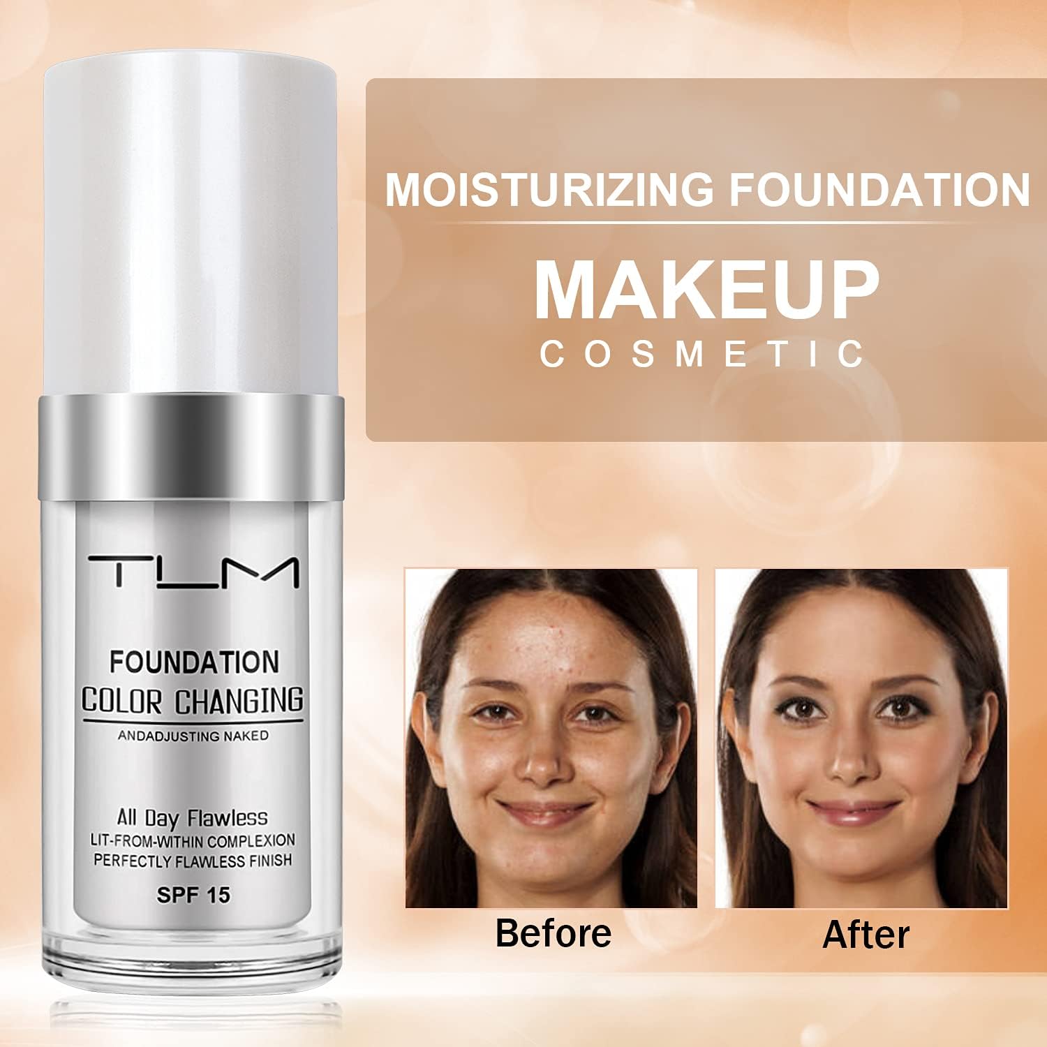 Cosmetics: ReviGLam TLM Colour Changing Liquid Foundation Hides Wrinkles & Lines, BB Cream Makeup Base Concealer Cover Moisturizing Fluid for all Skin Tone SPF15, Pack of 1