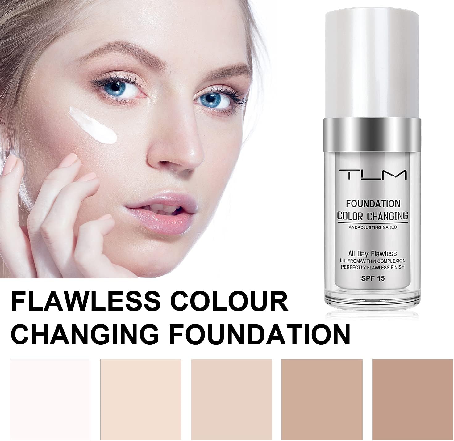 Cosmetics: ReviGLam TLM Colour Changing Liquid Foundation Hides Wrinkles & Lines, BB Cream Makeup Base Concealer Cover Moisturizing Fluid for all Skin Tone SPF15, Pack of 1
