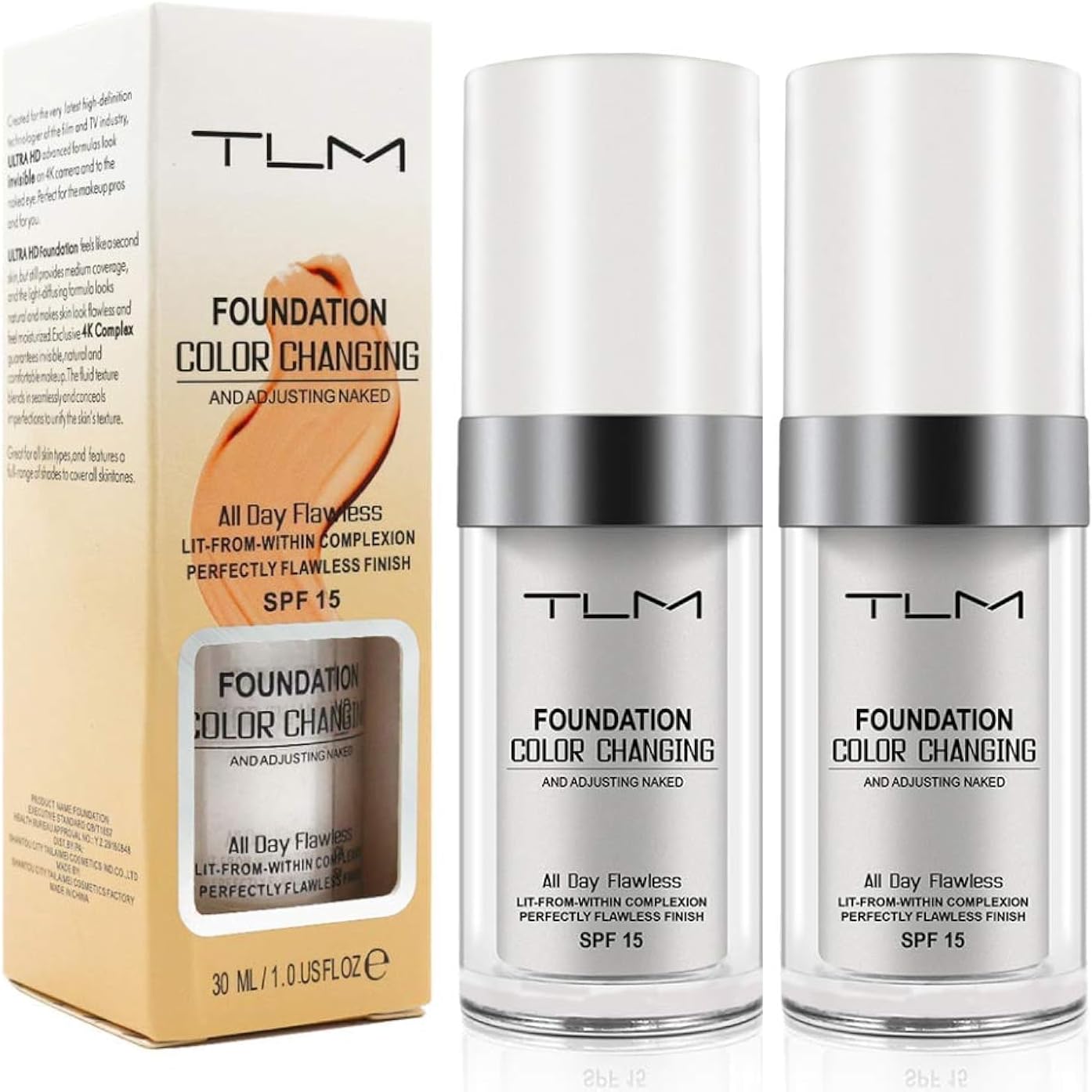 Cosmetics: ReviGLam TLM Colour Changing Liquid Foundation Hides Wrinkles & Lines, BB Cream Makeup Base Concealer Cover Moisturizing Fluid for all Skin Tone SPF15, Pack of 2