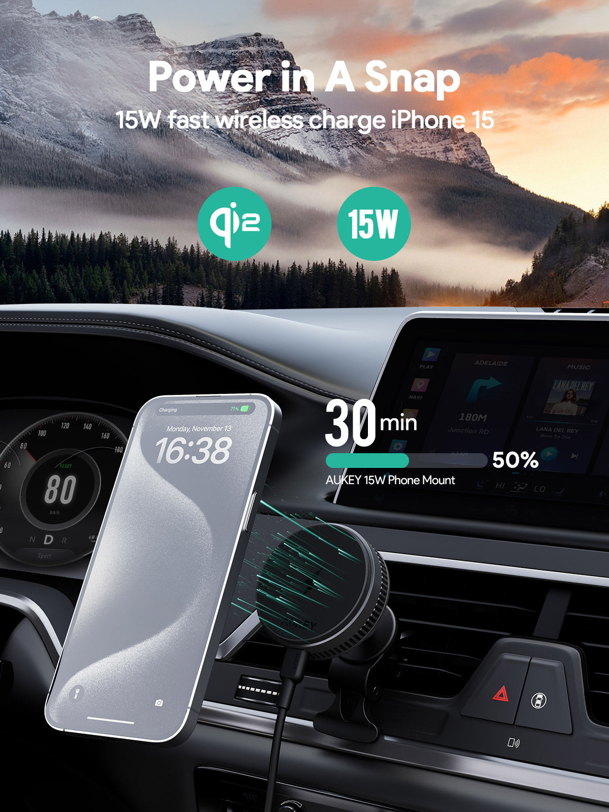Phone Chargers: Aukey MagFusion Dash Pro Qi2 Magnetic Fast Wireless Charging Phone Mount with Active Cooling (HD-MC13A)