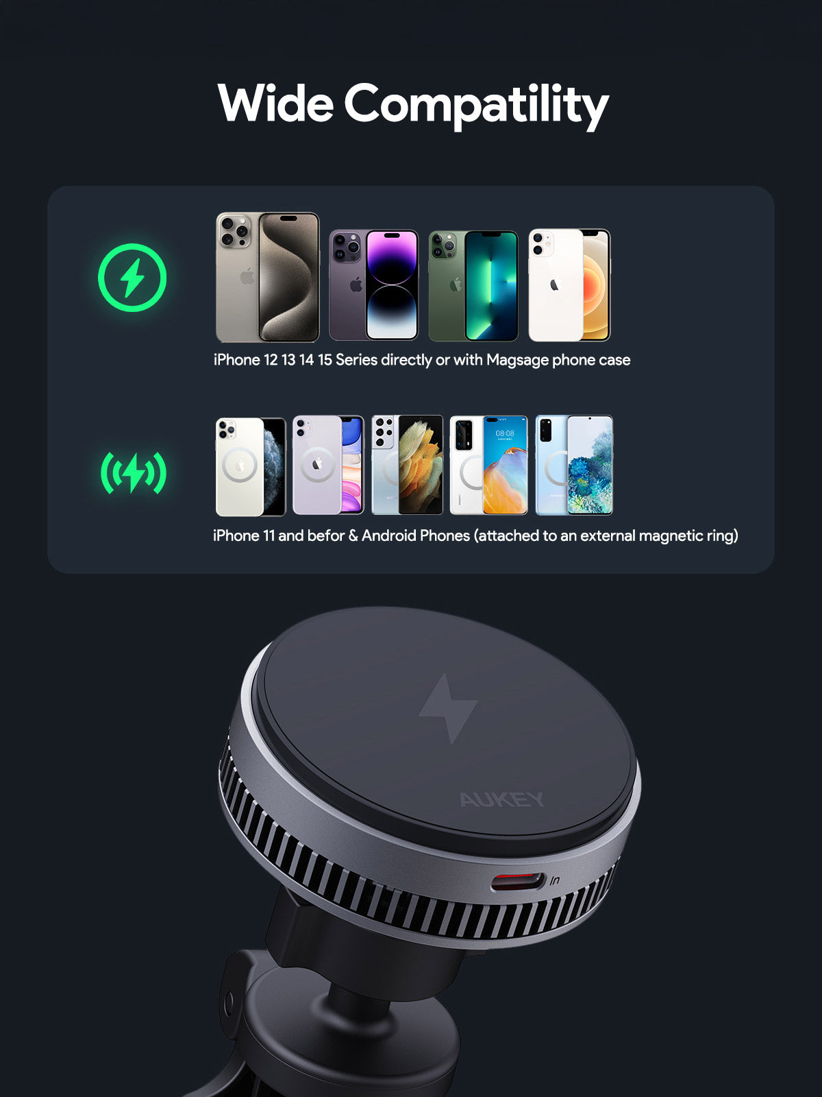 Phone Chargers: Aukey MagFusion Dash Pro Qi2 Magnetic Fast Wireless Charging Phone Mount with Active Cooling (HD-MC13A)