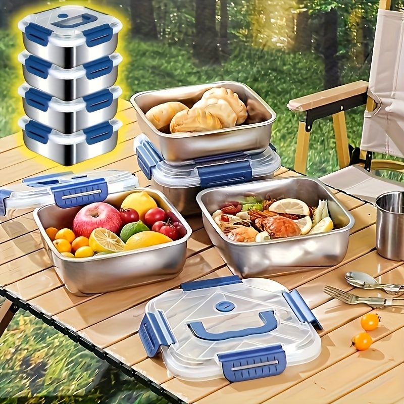 Silver 4PCS stainless steel food storage containers,airtight containers,meal prep containers,stackable food storage,Australian kitchen,leakproof food containers,reusable lunch containers