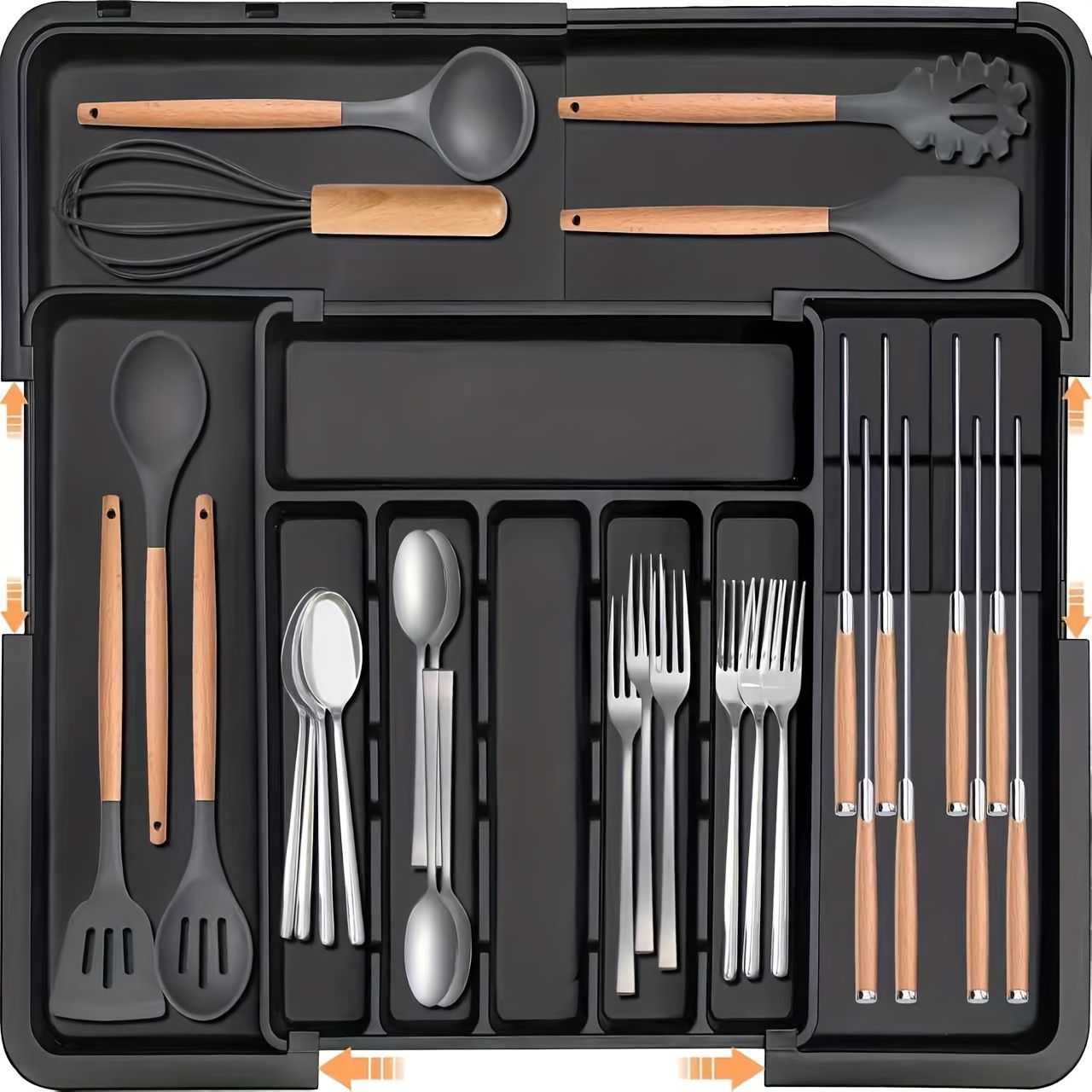 kitchen utensil set, organizer tray, wooden look handles, stainless steel utensils, heat resistant kitchen tools, Australian kitchenware, home cook essentials, non-stick safe utensils, kitchen drawer organizer, cooking utensils set