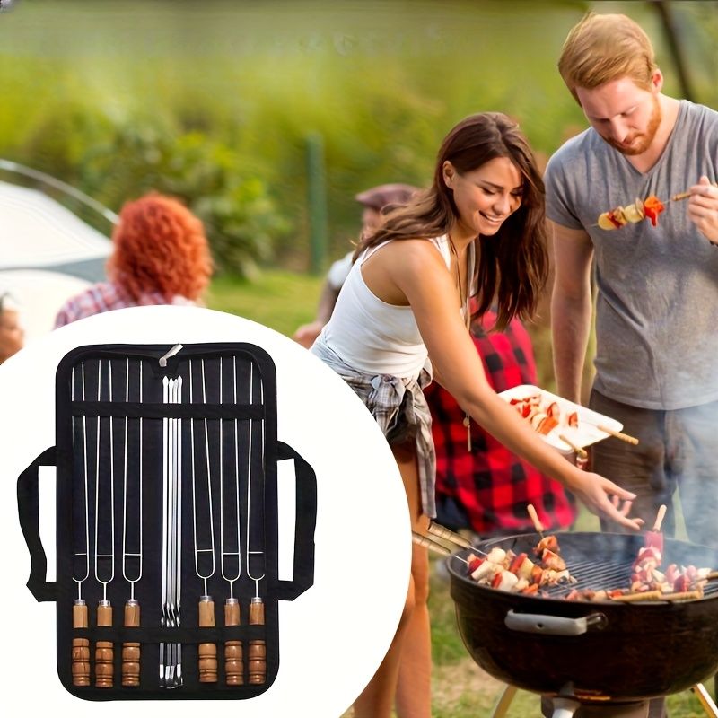 BBQ skewer set, outdoor barbecue Australia, stainless steel skewers, wooden handle skewers, portable skewer set, kebab sticks, grilling accessories