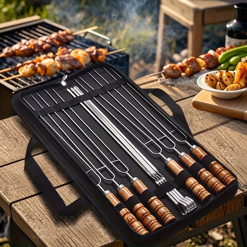BBQ skewer set, outdoor barbecue Australia, stainless steel skewers, wooden handle skewers, portable skewer set, kebab sticks, grilling accessories