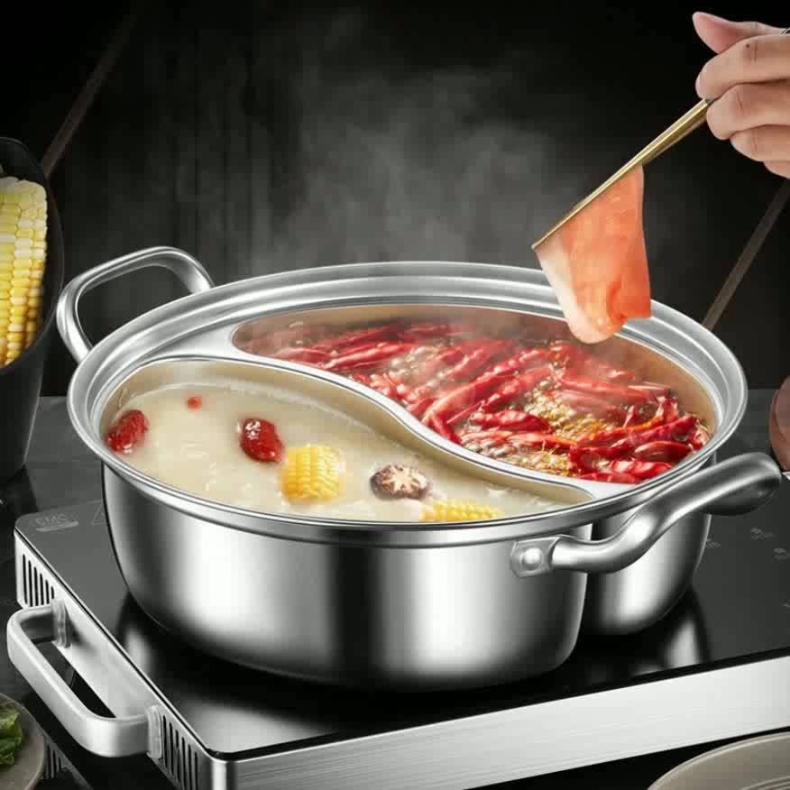 Silver double-layer hot pot, stainless steel hot pot, multi-flavor hot pot, kitchen utensil, durable hot pot, induction compatible hot pot, family dining gift