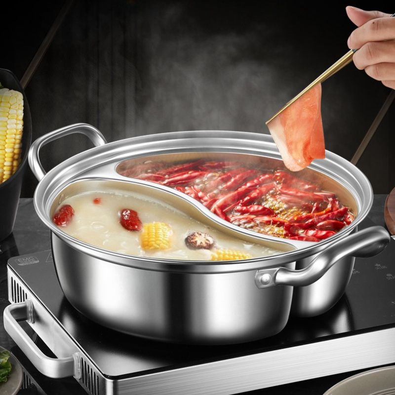 Silver double-layer hot pot, stainless steel hot pot, multi-flavor hot pot, kitchen utensil, durable hot pot, induction compatible hot pot, family dining gift