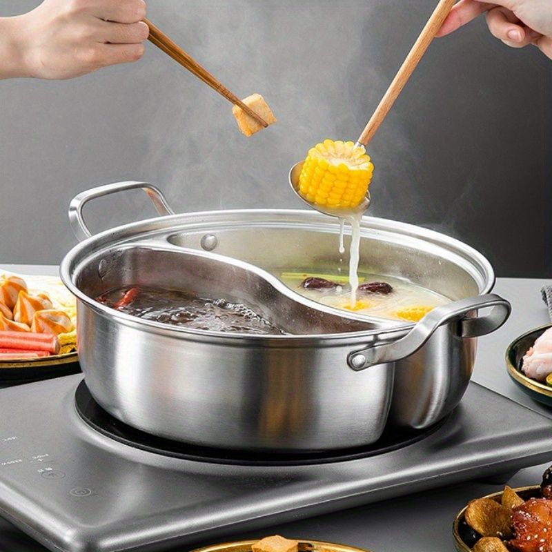 Silver double-layer hot pot, stainless steel hot pot, multi-flavor hot pot, kitchen utensil, durable hot pot, induction compatible hot pot, family dining gift