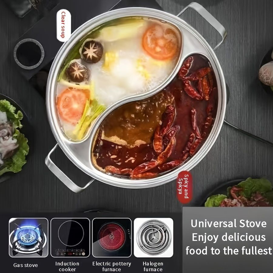 Silver double-layer hot pot, stainless steel hot pot, multi-flavor hot pot, kitchen utensil, durable hot pot, induction compatible hot pot, family dining gift