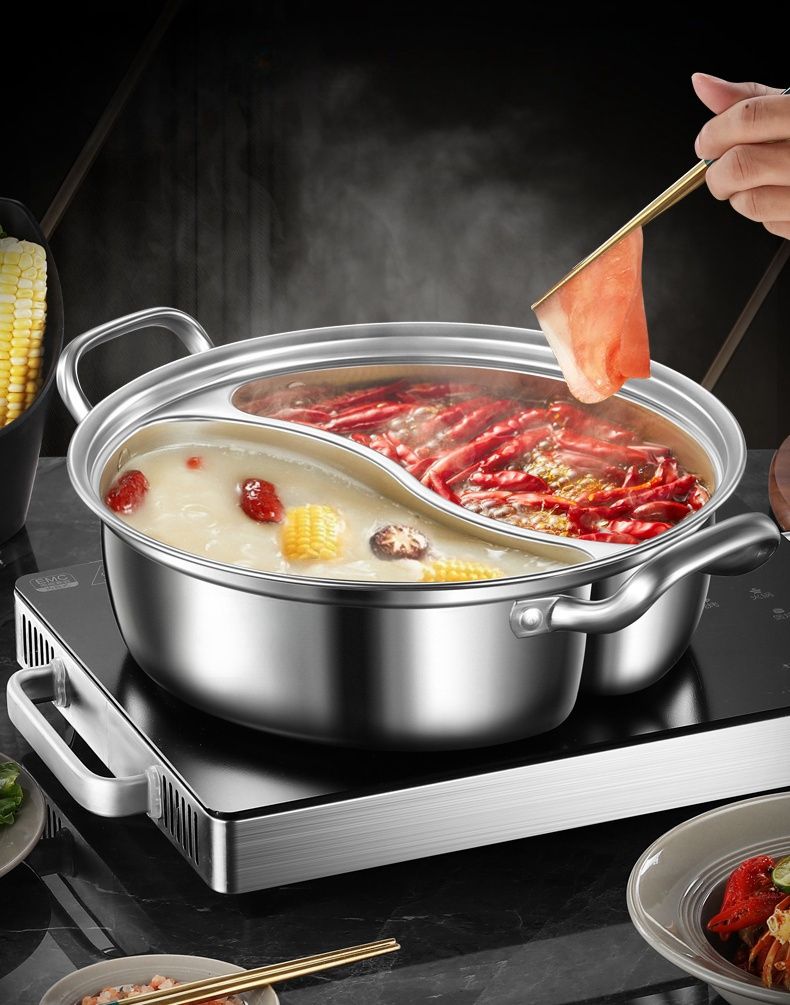 Silver double-layer hot pot, stainless steel hot pot, multi-flavor hot pot, kitchen utensil, durable hot pot, induction compatible hot pot, family dining gift