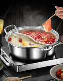 Silver double-layer hot pot, stainless steel hot pot, multi-flavor hot pot, kitchen utensil, durable hot pot, induction compatible hot pot, family dining gift
