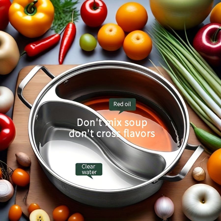 Silver double-layer hot pot, stainless steel hot pot, multi-flavor hot pot, kitchen utensil, durable hot pot, induction compatible hot pot, family dining gift
