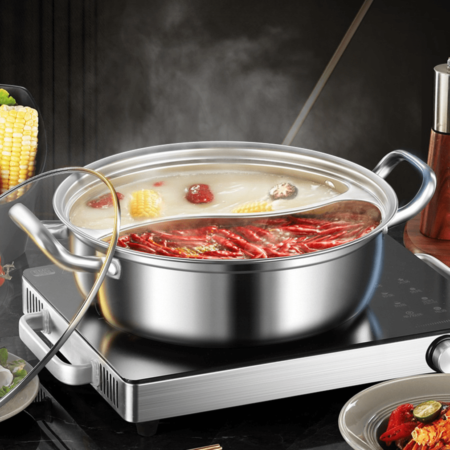 Silver double-layer hot pot, stainless steel hot pot, multi-flavor hot pot, kitchen utensil, durable hot pot, induction compatible hot pot, family dining gift