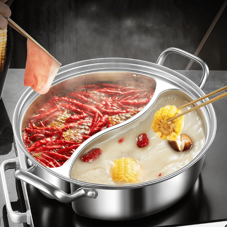 Silver double-layer hot pot, stainless steel hot pot, multi-flavor hot pot, kitchen utensil, durable hot pot, induction compatible hot pot, family dining gift