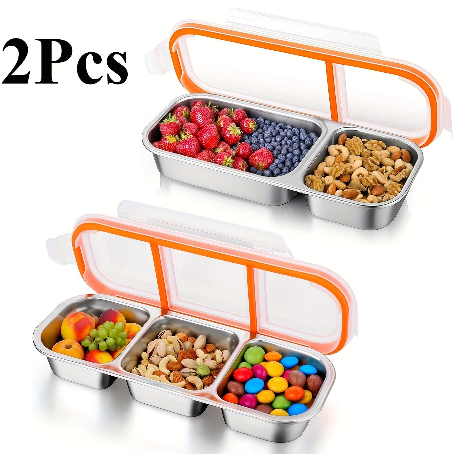 Silver 2PCS 3-in-1 snack containers, food storage containers, snack containers with lid, compartment snack containers, portion control containers, australian food storage, BPA-free snack boxes, lunchbox containers australia