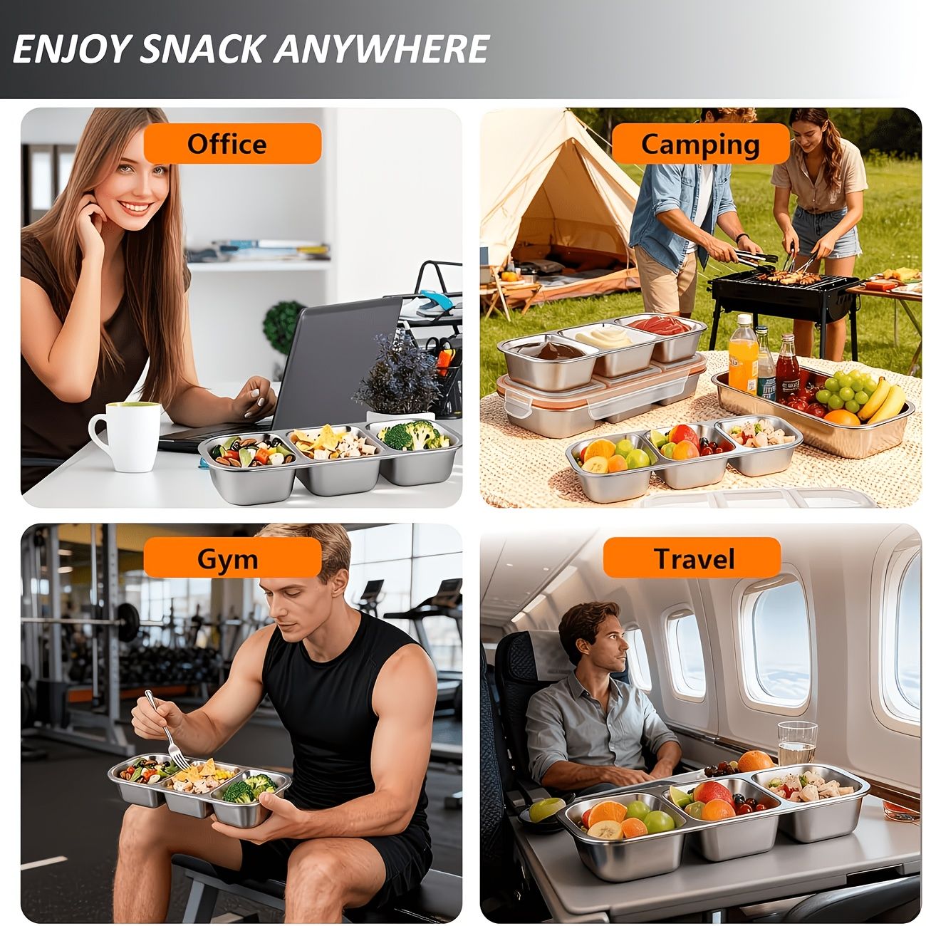 Silver 2PCS 3-in-1 snack containers, food storage containers, snack containers with lid, compartment snack containers, portion control containers, australian food storage, BPA-free snack boxes, lunchbox containers australia