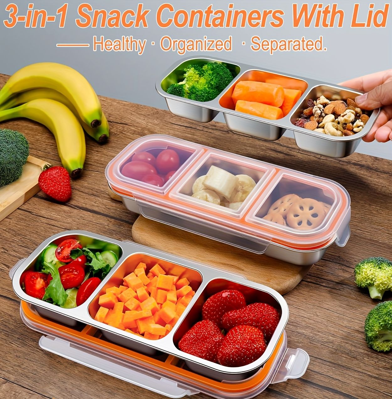 Silver 2PCS 3-in-1 snack containers, food storage containers, snack containers with lid, compartment snack containers, portion control containers, australian food storage, BPA-free snack boxes, lunchbox containers australia