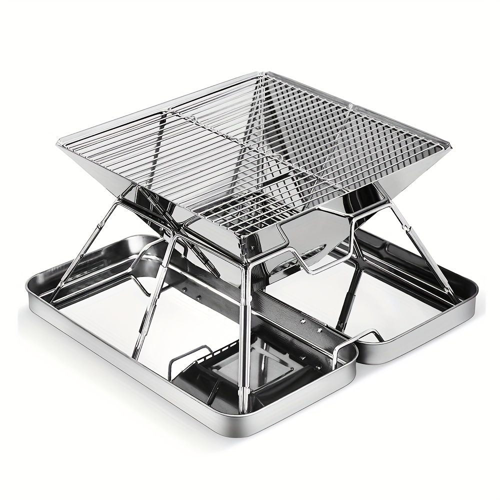 Silver camping grill, foldable grill, stainless steel grill, outdoor grill, portable grill, camping cookware, barbecue grill for camping