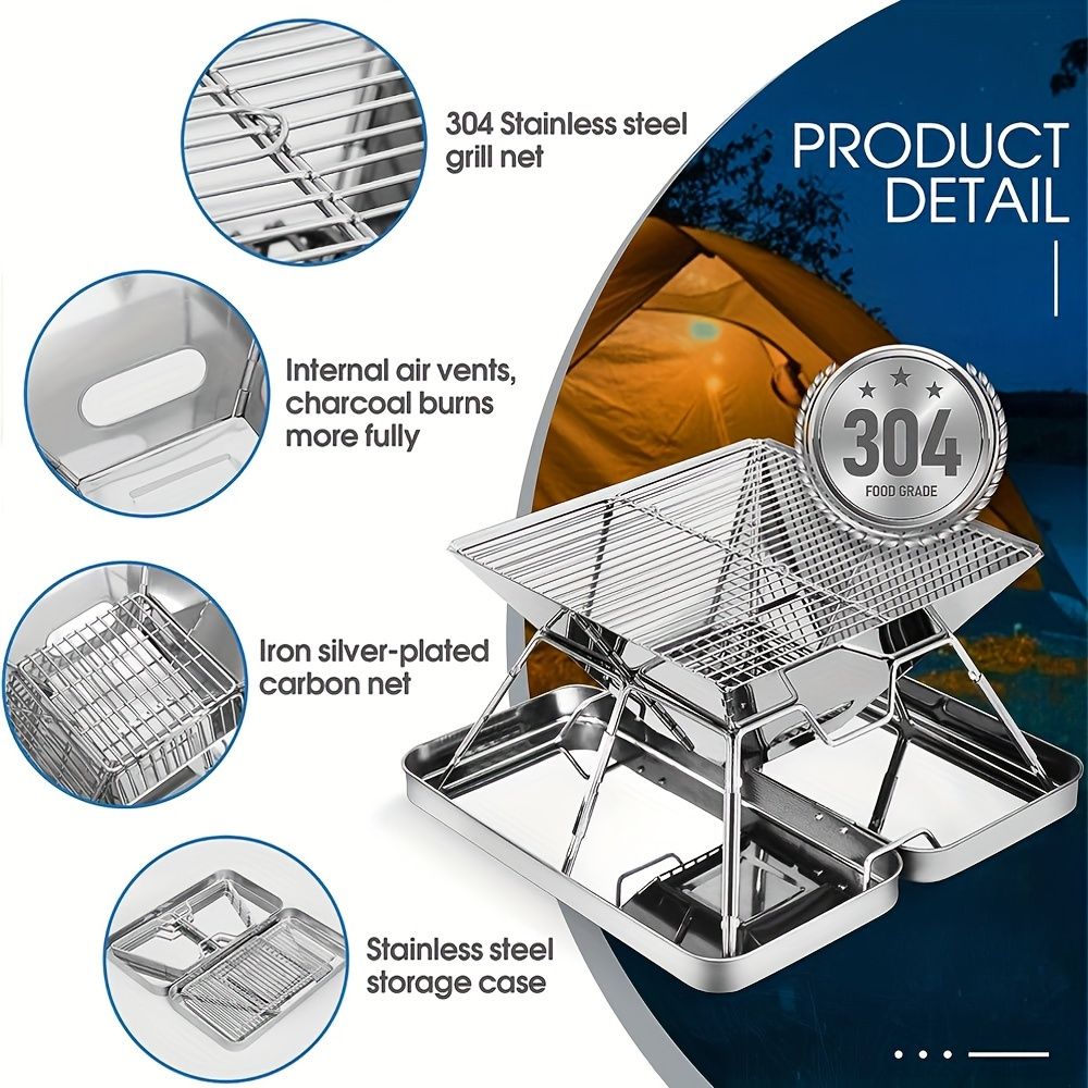 Silver camping grill, foldable grill, stainless steel grill, outdoor grill, portable grill, camping cookware, barbecue grill for camping