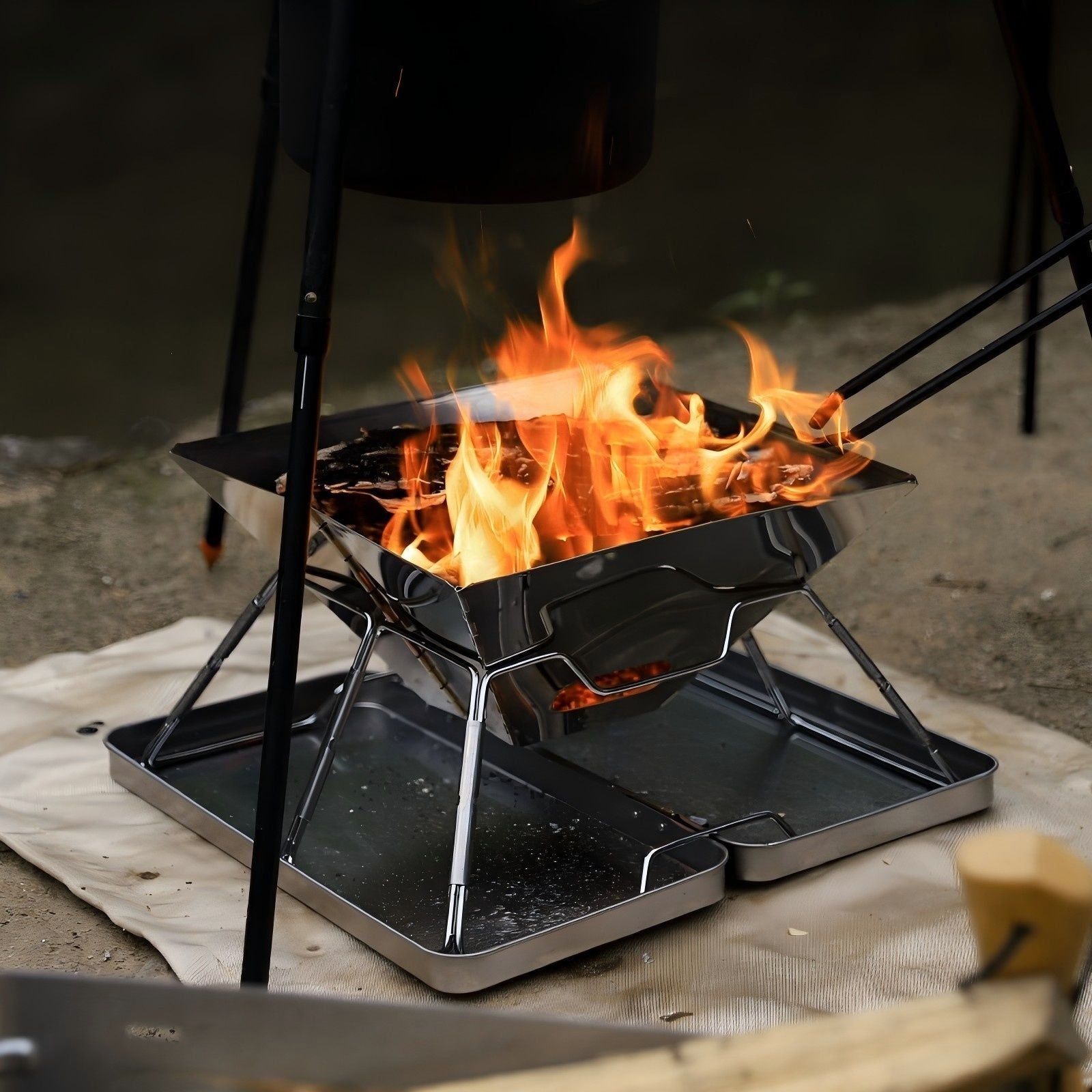 Silver camping grill, foldable grill, stainless steel grill, outdoor grill, portable grill, camping cookware, barbecue grill for camping