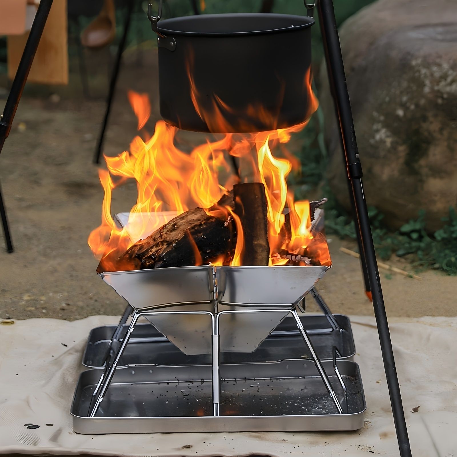 Silver camping grill, foldable grill, stainless steel grill, outdoor grill, portable grill, camping cookware, barbecue grill for camping