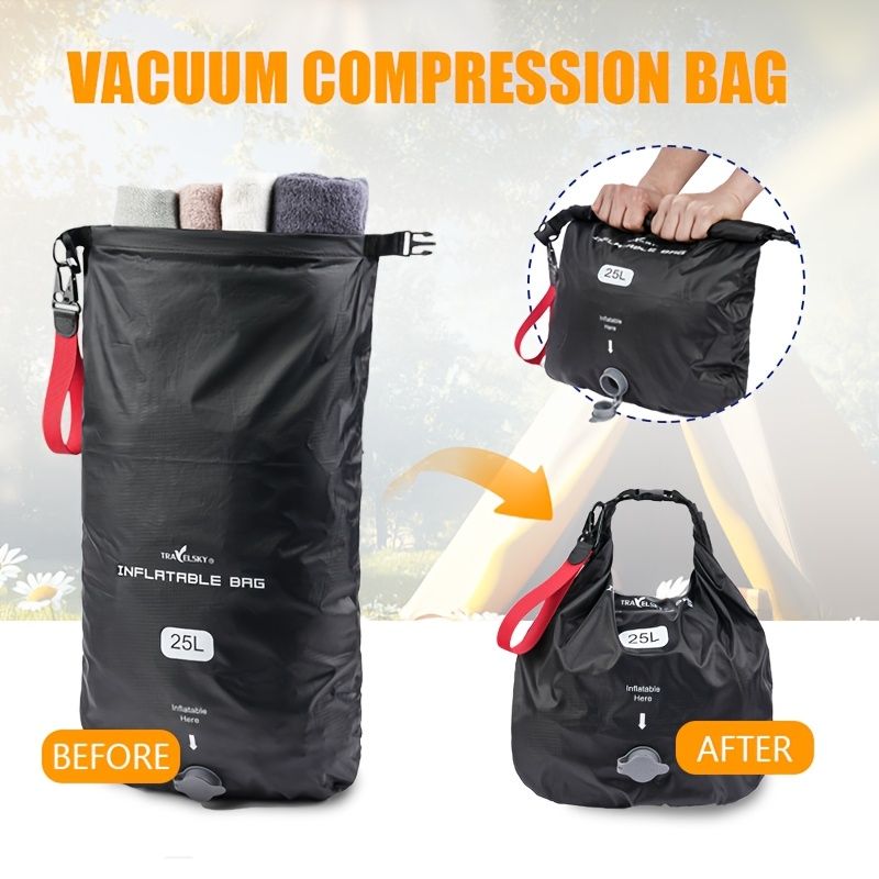 Black inflatable dry bag set, 25L dry bag, waterproof travel bag, inflatable waterproof bag, outdoor dry bag, camping gear, beach essentials, Australia travel accessories, water sports bag, dry bag 25 litre, cushioning dry bag, hiking bag